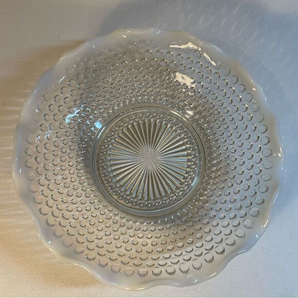 Vintage Fenton Clear Glass Ruffled Edge Opalescent opalite Hobnail 9 “ Bowl - Picture 3 of 9